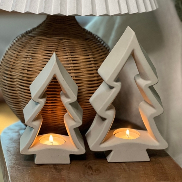 Hand Made White Concrete Christmas Tree Candle Holders - Picture 3 of 6